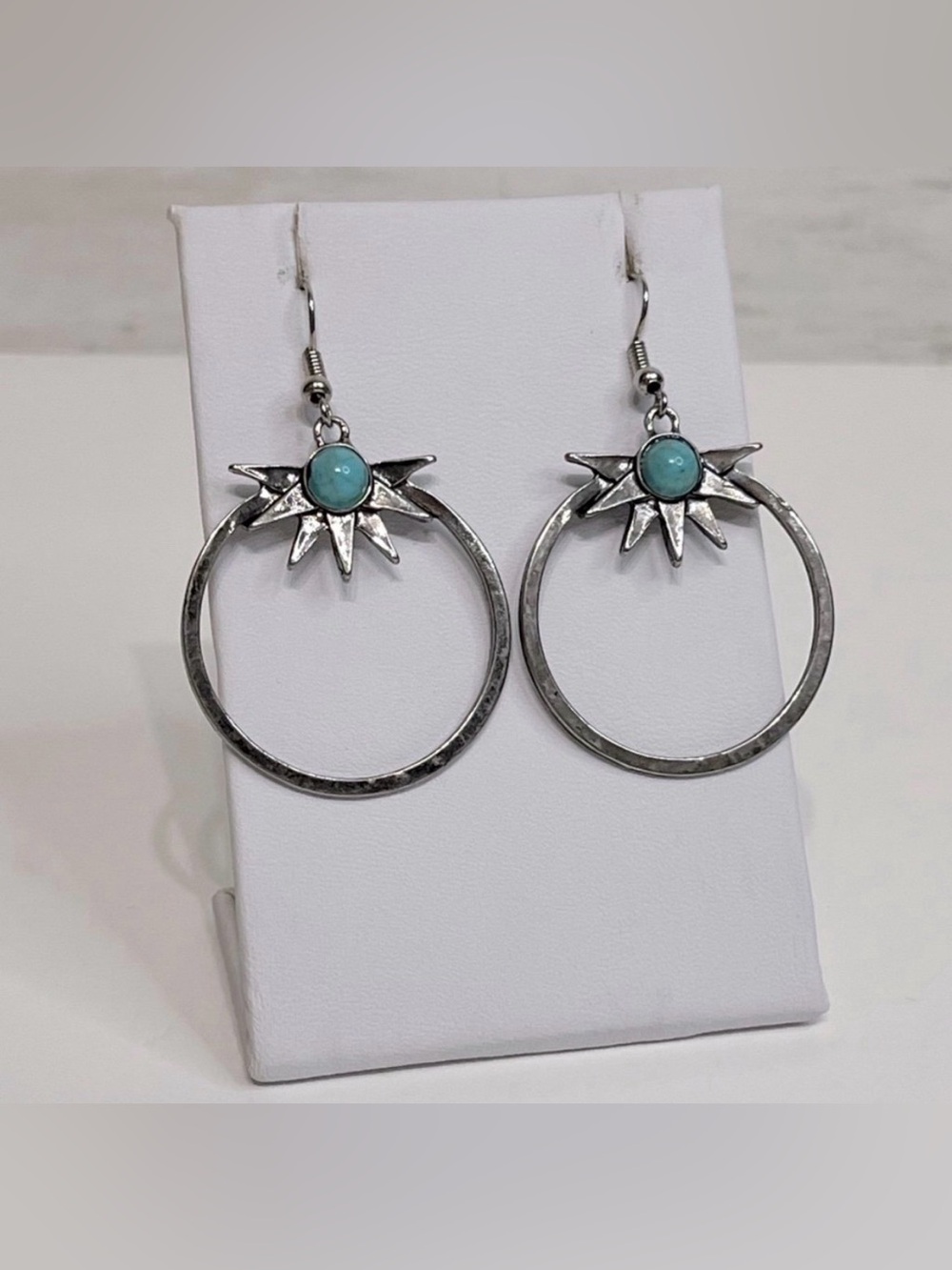 NEW Turquoise & Antique Silver Drop Hoop Earrings
